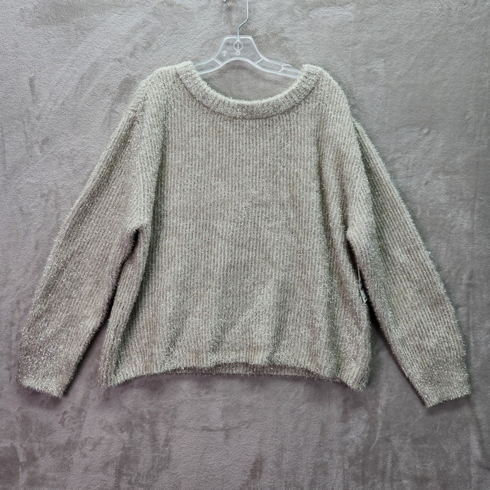 Bar III Eyelash‎ Sweater Womens XL Silver Metallic Fuzzy Knit Crewneck Holiday